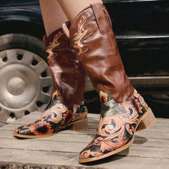 Women Square Toe Printed Mid-Calf Western Boots - Picture 4 of 5